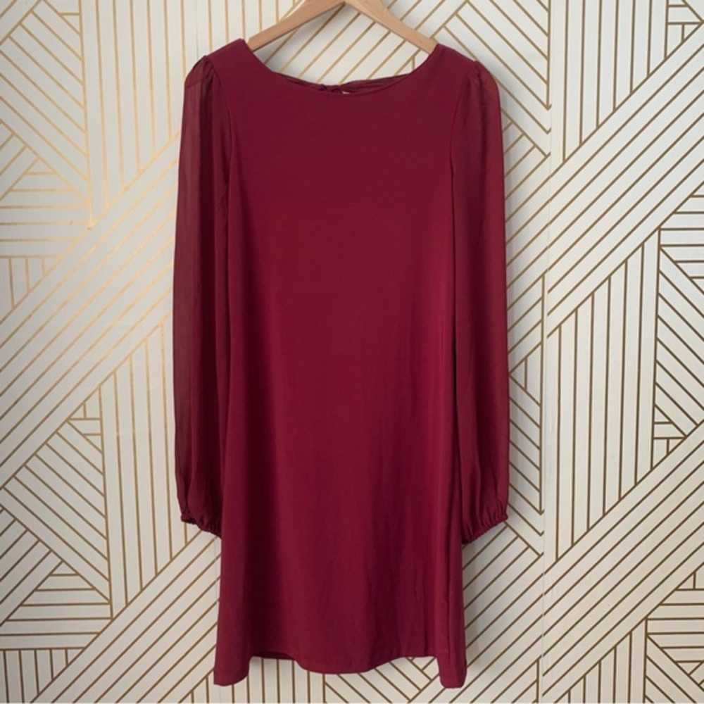 WHBM Chiffon Sleeve Polished Knit Shift Dress long sleeve semi sheer tie back S